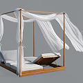 Modern Minimalist Four Poster Double Bed With Wooden Frame And Flowing White Canopy Curtains