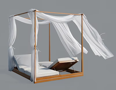 Modern Minimalist Four Poster Double Bed With Wooden Frame And Flowing White Canopy Curtains 3d model