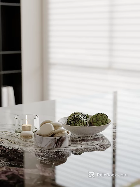 Delicious Macarons And Artichokes On Modern Table 3d model 