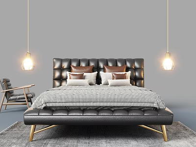Tufted Black Leather Double Bed With Gold Legs Checkered Bedspread Pillows And Pendant Lights 3d model
