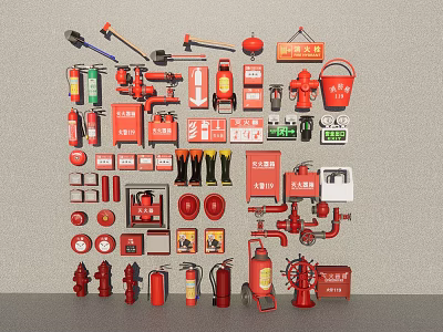 Various Fire Safety Equipment Including Extinguishers Hydrants Hoses Axes And Signs 3d model