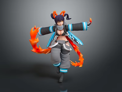 Anime Style Fantasy Character With Twin Ponytails Horns Blue Black Outfit And Flame Effects 3d model