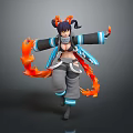 Anime Style Fantasy Character With Twin Ponytails Horns Blue Black Outfit And Flame Effects