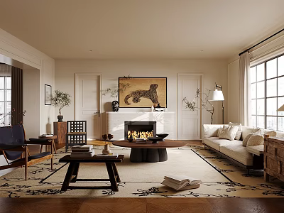 Neutral Living Room Interior Design With Fireplace Sofa Coffee Table And Area Rug 3d model