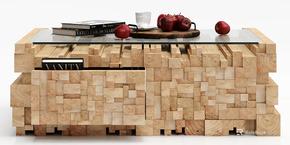 Wooden Block Design Coffee Table With Glass Top Stack Of Books Tray Apples 3d model 