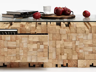 Wooden Block Design Coffee Table With Glass Top Stack Of Books Tray Apples 3d model