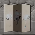 Three Panel Decorative Screen with Painted Cranes in Modern Interior Design 3d model