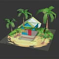 Small Tropical Cottage With Blue Walls Red Door White Roof And Palm Trees On Sand