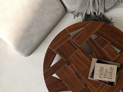 Modern Wooden Coffee Table With Geometric Interlocking Design Grey Sofa And Book On Top 3d model