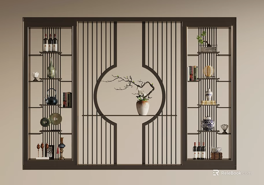 Traditional Chinese Room Divider with Circular Design and Shelves for Decorative Items 3d model 