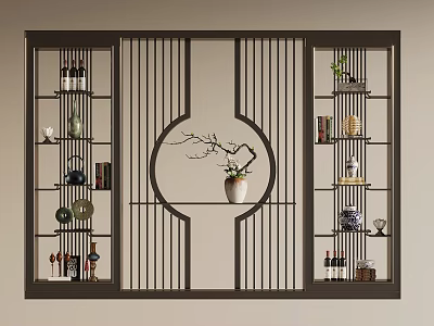 Traditional Chinese Room Divider with Circular Design and Shelves for Decorative Items 3d model