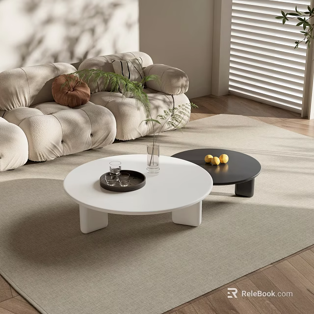 Modern White And Black Coffee Tables With Tray Glass Lemons Plant Beige Sofa On Rug 3d model 