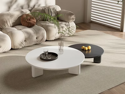 Modern White And Black Coffee Tables With Tray Glass Lemons Plant Beige Sofa On Rug 3d model