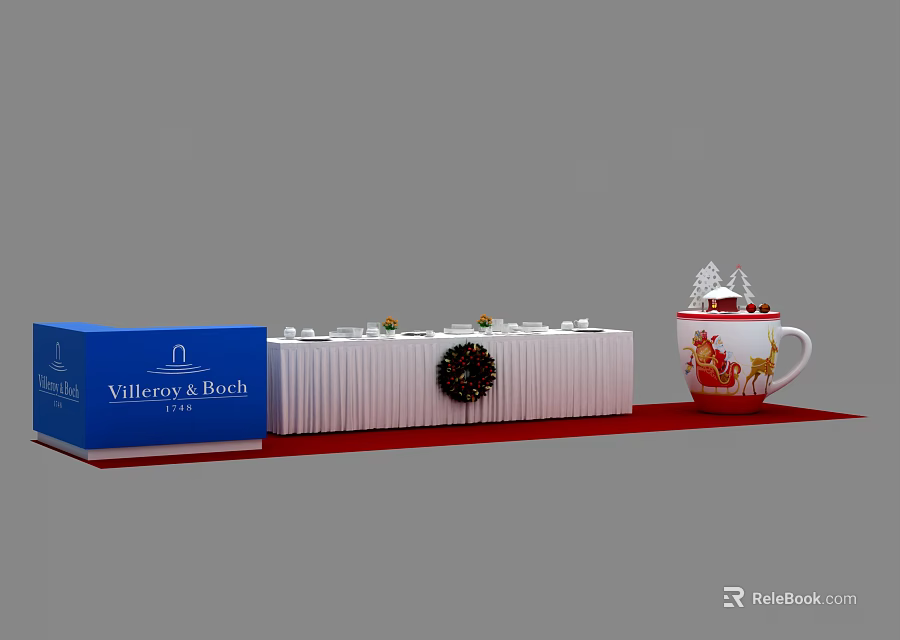 Coffee Break Area With Villeroy Boch White Counter Christmas Reindeer Sleigh Mug And Red Mat 3d model 