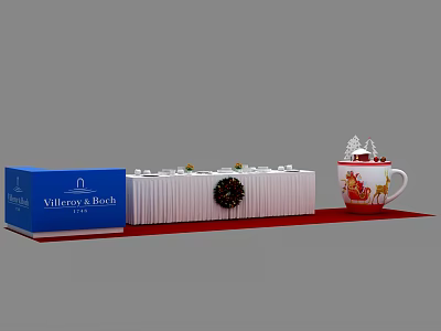 Coffee Break Area With Villeroy Boch White Counter Christmas Reindeer Sleigh Mug And Red Mat 3d model