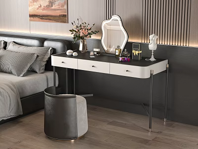 Modern Dressing Table in Bedroom with Decorative Mirror Flowers Cosmetics and Stool 3d model
