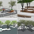 Modern Landscape Seats With Curved Wooden Design And Green Trees In Urban Park