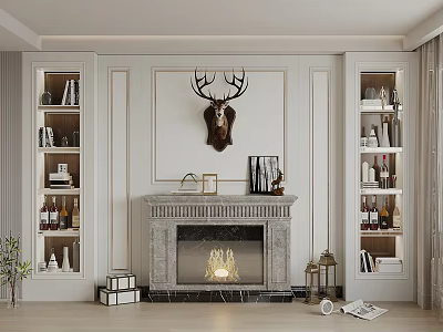 Elegant Living Room With Marble Fireplace Built In Shelves And Deer Head 3d model
