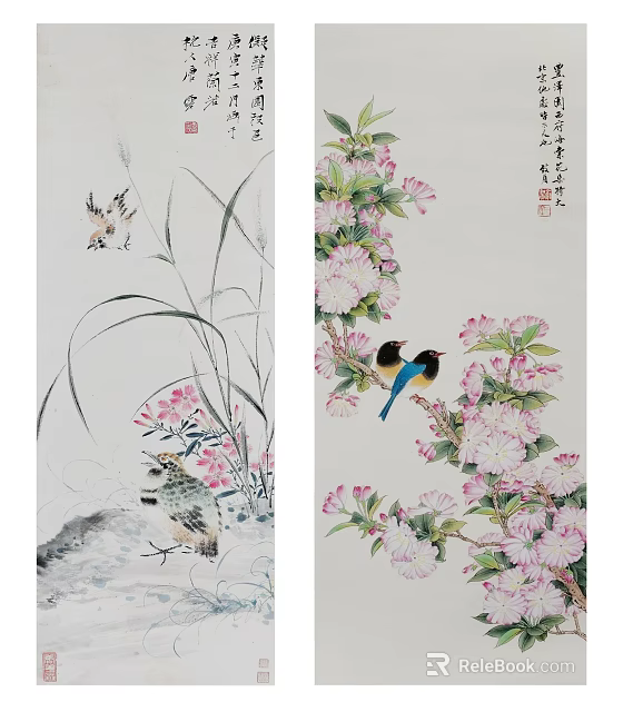Traditional Chinese Painting Art With Birds Flowers And Calligraphy Details 3d model 