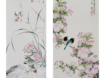Traditional Chinese Painting Art With Birds Flowers And Calligraphy Details 3d model