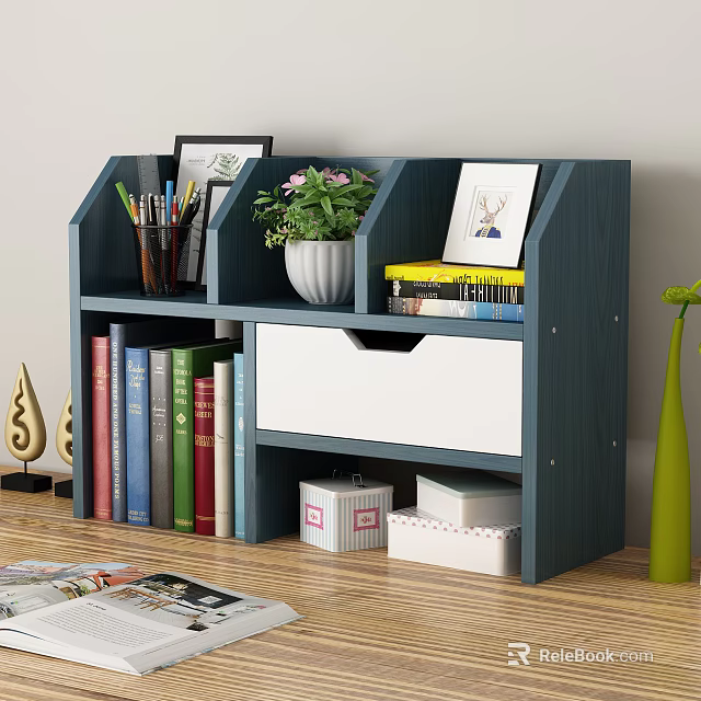 Blue Wooden Storage Cabinet with Drawer Shelves for Organizing Books Stationery Decorative Plant 3d model 