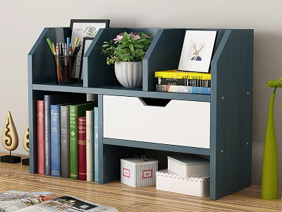 Blue Wooden Storage Cabinet with Drawer Shelves for Organizing Books Stationery Decorative Plant 3d model