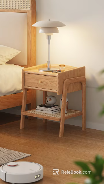 Modern Natural Wooden Nightstand With Lamp Glass Phone Books And Decorative Items 3d model 