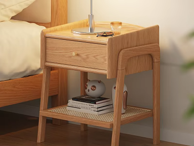 Modern Natural Wooden Nightstand With Lamp Glass Phone Books And Decorative Items 3d model