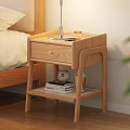 Modern Natural Wooden Nightstand With Lamp Glass Phone Books And Decorative Items