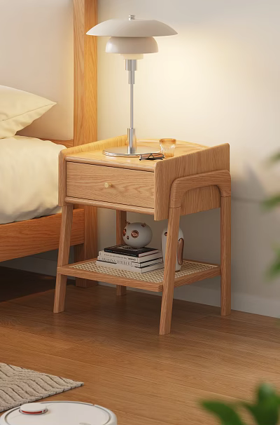 Modern Natural Wooden Nightstand With Lamp Glass Phone Books And Decorative Items 3d model