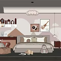 Cozy Kids Bedroom With Cloud House Decor White Pendant Light Plush Toys And Pink Chair