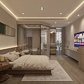 Modern Hotel Guest Room With Wooden Bed Decorative Painting TV Soft Lighting And Wooden Furniture