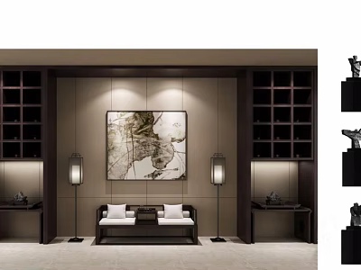 Traditional Chinese Luohan Bed Interior Design With Wall Art And Wooden Shelves 3d model