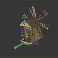 Detailed Wooden Windmill Model With Classic Roof And Rotating Blades Structure
