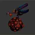 Mythical Winged Character With Blue Accents Standing On Red Spherical Creature With Glowing Dots 3d model