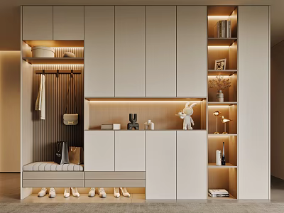 Modern Shoe Cabinet Interior Design With Clothing Rack Bench Illuminated Shelves And Decorations 3d model