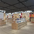 Modern Shopping Mall Store With Wooden Shelves Skincare Displays And Black Ceiling Lights