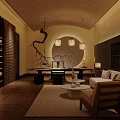Elegant Modern Private Dining Room With Round Table Chairs Ceiling Light And Wall Decorations
