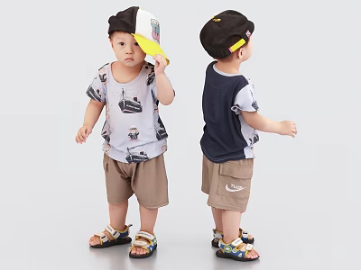 Two Young Boys Standing In Gray Background Wearing Hats T Shirts Khaki Shorts And Sandals 3d model