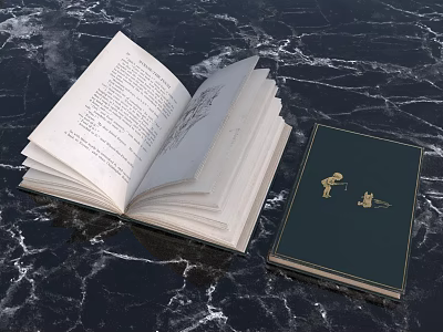 Open Book with Text Illustrations and Green Hardcover with Golden Design 3d model