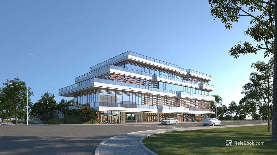 Modern Multi Storey Office Building With Glass Facade Green Lawn And Trees 3d model 