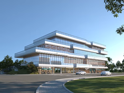 Modern Multi Storey Office Building With Glass Facade Green Lawn And Trees 3d model
