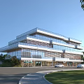 Modern Multi Storey Office Building With Glass Facade Green Lawn And Trees