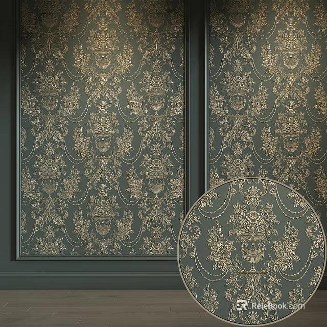 Ornate Round Decorative Component With Gold Patterns On Dark Green Wallpaper 3d model 