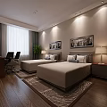 Modern Hotel Guest Room With Twin Beds Desk Chair Window Curtains And Decorative Paintings