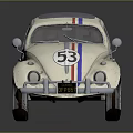 Vintage White Beetle Car With Red And Blue Stripes And Number 53