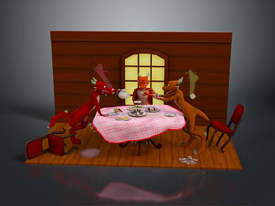 Three Animal Game Characters Gathering Around Round Table With Checkered Cloth Wooden Wall And Window 3d model