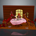 Three Animal Game Characters Gathering Around Round Table With Checkered Cloth Wooden Wall And Window