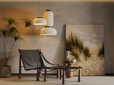 Black Leather Leisure Chair With Wooden Frame Hanging Lamps Potted Plant And Artwork 3d model