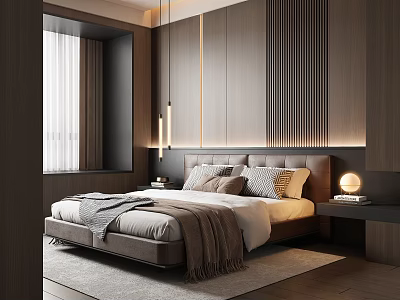 Modern Bedroom Interior With Wooden Striped Headboard Pillows Throw Blanket Pendant Lights And Nightstand Lamp 3d model